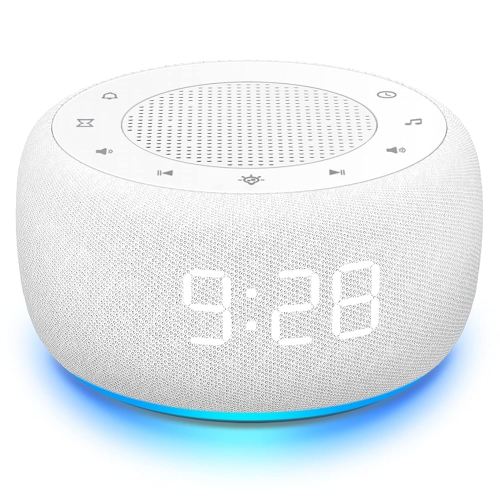 Buffbee Sound Machine & Alarm Clock 2-in-1, 0-100% Clock Face Brightness, Bottom Colored Light, Sleep Timer, Precise 30-Level Volume Control White Noise Machine - White