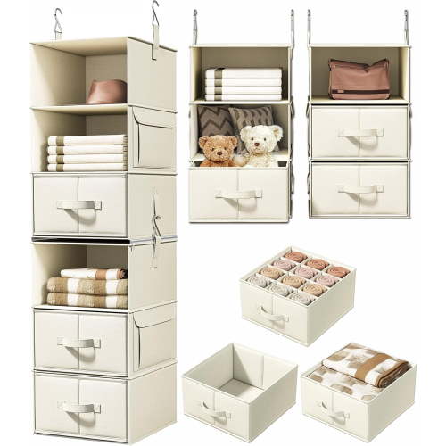3-Shelf Hanging Closet Organizer, Set of 2 Hanging Shelves with 2 Drawers for Wardrobe, Nursery, Baby Clothes Storage and Organization, Silver Gray