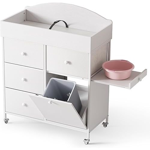 DTK Baby Dresser with Changing Table Top,4-Drawers Changing Table Dresser with Tile-Out Trash Cabinet and Pull-Out Shelf,Diaper Changing Station with Waterproof Pad and Storage for Nursery,White