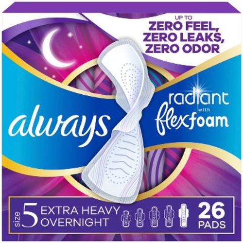 Always Radiant Extra Heavy Absorbency Overnight Sanitary Pads with Wings - Scented - Size 5 - 26ct