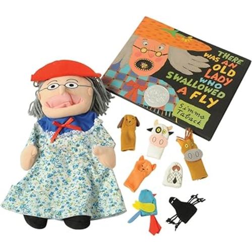 Constructive Playthings There was an Old Lady Who Swallowed a Fly Finger Puppet and Props with Book, Visual Learning Toy, Sensory Play, Interactive Storytelling,Use with Puppet Theater, 3 Years Plus