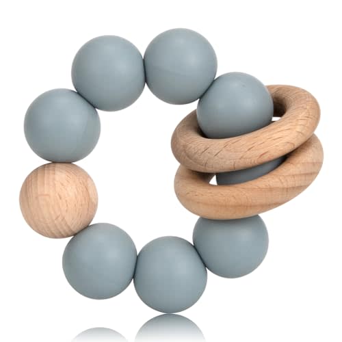 Silicone Baby Teether, Food Grade Silicone & Beech Baby Teething Toy, BPA Free (Blue)