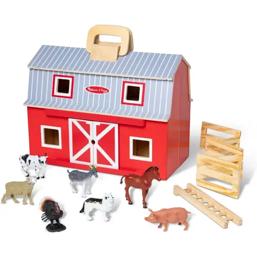 Melissa & Doug Fold and Go Wooden Barn with 7 Animal Play Figures - Farm Animals Barn Toy, Portable Toys, Farm Toys for Kids and Toddlers Ages 3+