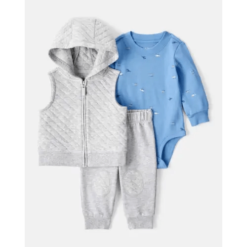 Baby Boy 3-Piece Helicopter Print Long-Sleeve Vest, Bodysuit & Pant Set - Grey | Carter's