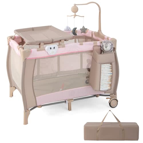 HONEY JOY Pack and Play, 3 in 1 Portable Baby Playard with Bassinet, Changing Table, Lockable Wheels, Music Box, Foldable Travel Baby Crib Nursery Center from Newborn to Toddler (Coffee Pink)