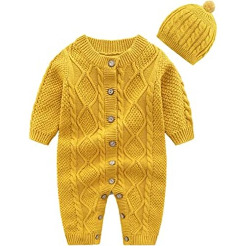 JunNeng Baby Newborn Cotton Knitted Sweater Romper Longsleeve Outfit with Warm Hat Set