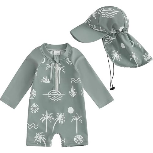 Toddler Baby Boy Girls One Piece Swimsuit Long Sleeve Zipper Bathing Suit with Hat Infant Rash Guard Swimwear