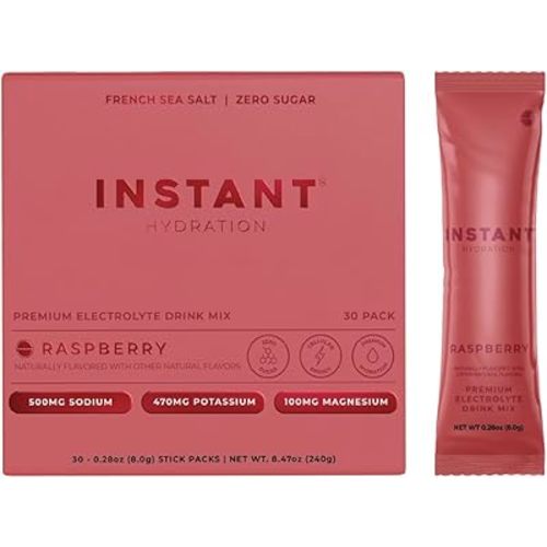 Instant Hydration Electrolytes Powder Packets - Raspberry Electrolyte Drink Mix - Zero Sugar - Keto, Vegan, Gluten-Free, Non-GMO - Boost Recovery, Brain Health, Muscle & Tissue Support- 30 Sticks