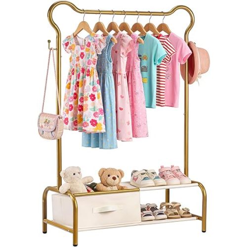 Kids Clothing Rack with Fabric Drawer, 2-Tier Baby Closet, Toddler Wardrobe Closet Organizer for Hanging Coats and Shirts, Small Baby Garment Stand for Nursery, Bedroom, Playroom (Gold)
