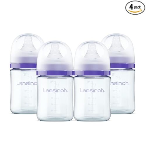 Lansinoh Anti-Colic Glass Baby Bottles, 5 Ounces, 4 Count Bottles for Feeding, Baby Essentials, Includes 4 Slow Flow Nipples, Size S