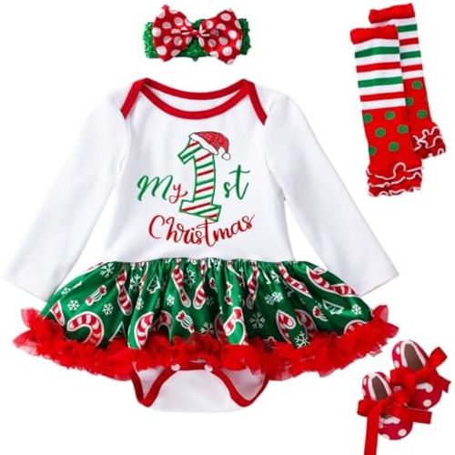 Kunyeah Baby Girls First Christmas Outfit Newborn Romper Tutu Dress Infant Sequin Xmas Skirt with Shoes Headband Leg Warmer