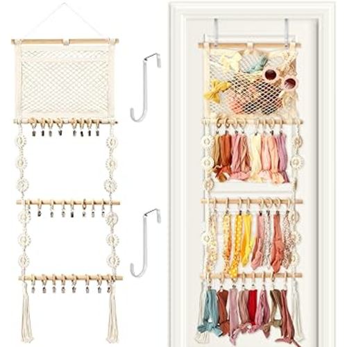 Dingion Headband Holder Hair Bows Organizer for Baby Girls Over Door Bows Holder 4 Tier Wooden Large Daisy Headband Hair Accessories Organizer Storage Decor Wall Hanging for Toddler Girls Room