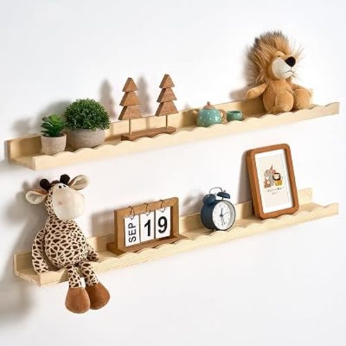 Fun Memories Scalloped Floating Shelves for Wall 40in, Solid Pine Wood Nursery Book Shelves, Kids Wall Shelves for Bedroom, Toddler Room Display & Nursery Decor, Set of 2