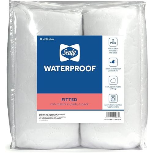 Sealy Baby 2-PACK Fitted Waterproof Infant Crib Mattress Protector Pad and Toddler Bed Cover, Durable and Comfortable Topper, Machine Washable and Dryer Friendly, 52x28”- White