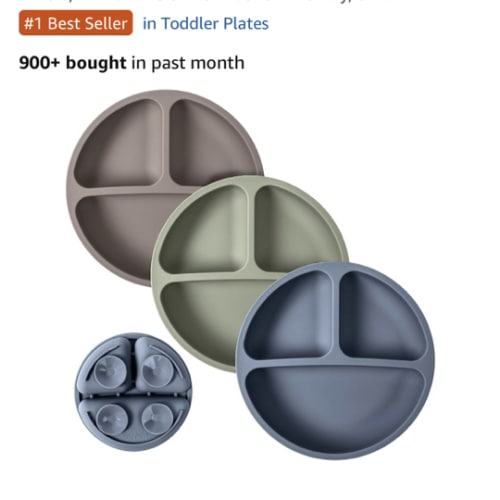 WeeSprout Suction Plates for Babies & Toddlers - 100% Silicone, Dinnerware Stays Put, Divided Design for Picky Eaters, Microwave & Dishwasher Friendly, 3 Pack