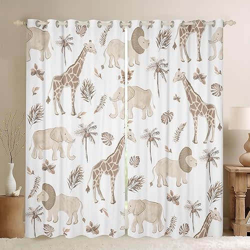 Feelyou Jungle Animals Window Curtains for Bedroom Elephant Lion Giraffe Animal Blackout Darkening Drapes Kids Boys Hunter Brown Rust Wildlife African Safari Window Treatments, 2 Panels 52 x 63 Inch