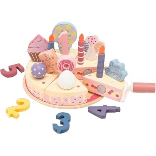 Brownroot Wooden Pretend Birthday Cake Toy for Kids with Numbers 1-5