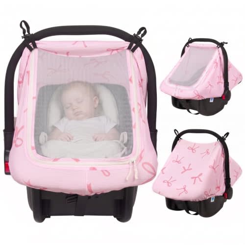 Baby Car Seat Cover with Breathable Mesh Window Infant Car Seat Canopy | 3 way design, breathable privacy mesh, double zippers, adjustable secure fit, universal infant car seat cover