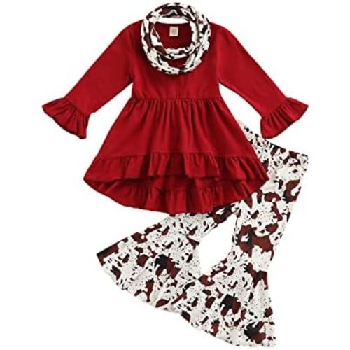 Emmababy Toddler Baby Girl Clothes Long Sleeve Cow Print Outfit T-Shirt + Flare Pants Bell-Bottom Tie Dye Leggings Set 0-4T