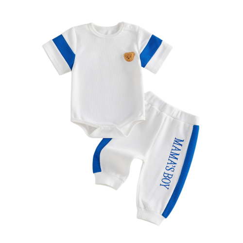 BemeyourBBs Newborn Baby Boys Spring Summer Fall Clothes Infant Baby Boy Mama's Boy Outfits Waffle Patchwork Bear Embroidered Short Sleeve Rompers Long Pants 2Pcs Clothes Set