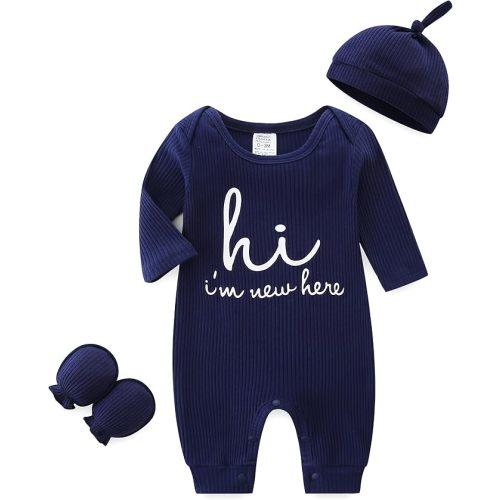 Babymine Newborn Unisex Baby Clothes 0-3 Months,Long Sleeve Onesie Infant Coming Home Outfits Romper with Mittens & Hat