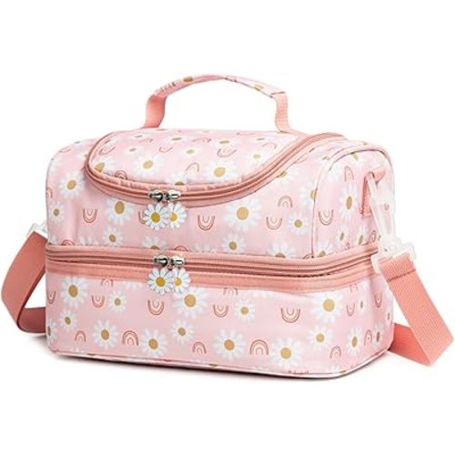 Insulated Kids Dual Compartment Lunch Bags Tote for Girls Boys Toddler Lunch Boxes Pre-School Toddler Kindergarten Elementary Picnic Food Cooler Thermal with Strap (Rainbow Daisies)