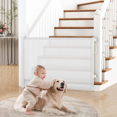 Retractable Baby Gate for Stairs, 55" Wide Mesh Dog Gate Indoor, 34'' Tall Child Gate for Doorways, Hallways, Deck, Indoor Outdoor Pet Baby Safety Essentials for Home, White