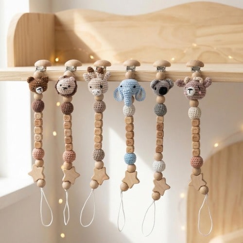 Handmade Crochet Animal Pacifier Clip, Personalized Baby Name Soother Holder, Soft Dummy Clip, Neutral Newborn Baby Keepsake Gift