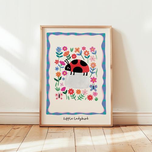 Ladybird Nursery Art Print, Giclée Bug Wall Decor with Flowers, Whimsical Ladybug Illustration for Baby or Kids Room