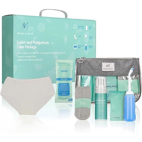 Mama & Wish® Postpartum Essentials Kit – Labor and Delivery Essentials for Moms After Birth – Postpartum Recovery Kit Includes Peri Bottle, Witch Hazel, Comfy Garments & More