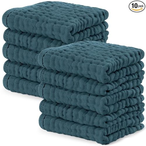 Comfy Cubs Muslin Baby Washcloths 10 Pack - Soft 6-Layer Cotton Wash Cloths for Sensitive Skin - 10"x10" Large, Gentle, Absorbent Infant Essentials for Newborn and Toddlers - Neptune