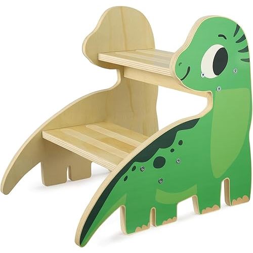 Toddler Step Stool, 2-Step Wooden Step Stool for Toddlers with Non-Slip Base, Cute Printed Design Potty Training Stool for Bathroom Sink, Kitchen & Bedroom (Dinosaur)