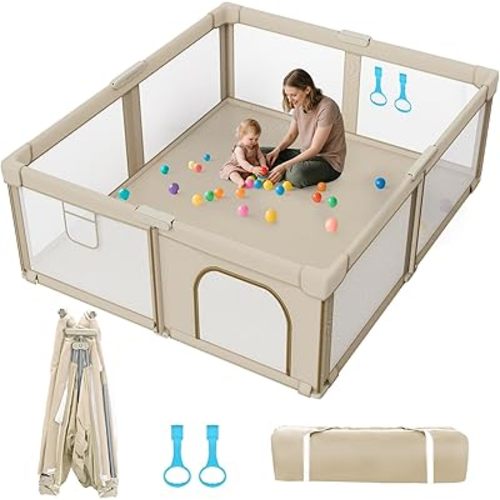 Foldable Baby Playpen: 79” x 71” Super Large Playpen for Babies and Toddlers - Portable Play Pen for Babies with Breathable Mesh & 2 Pulling Handle - Baby Play Yard for Outdoor & Indoor