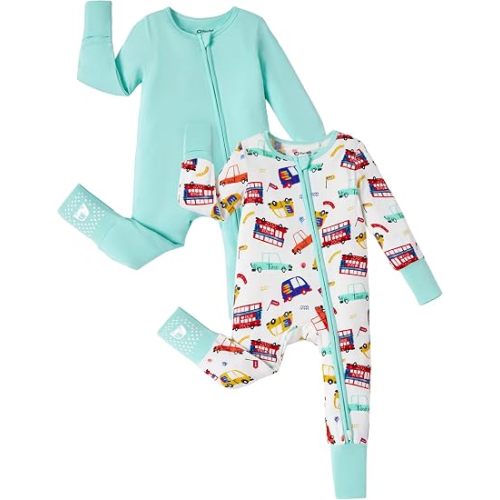 PATPAT Baby Footie Romper, Viscose from Bamboo, Long Sleeve, 2-Way Zipper, Fold-Over Mittens, Cuffs & Anti-Slip Grips