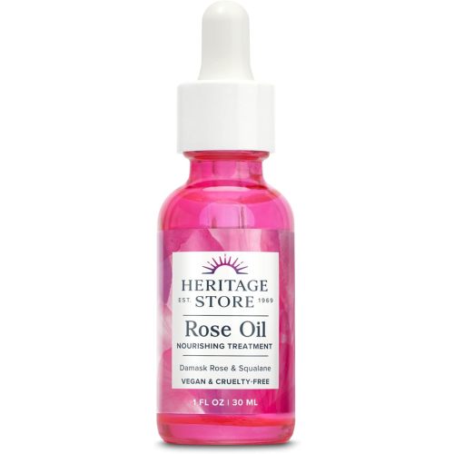 HERITAGE STORE Rose Oil Nourishing Treatment - Hydrating Face Oil for a Natural Glow - Dry to Combination Skin Care w/Organic Rosehip Seed, Damask Rose, Squalane Oil, Vegan, 60-Day Guarantee, 1oz