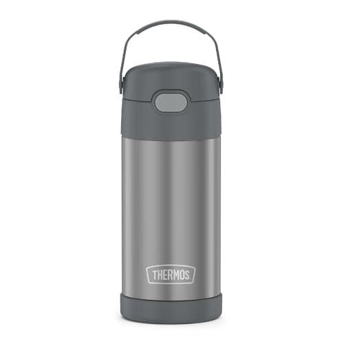 THERMOS FUNTAINER Water Bottle with Straw - 12 Ounce - Kids Stainless Steel Vacuum Insulated Water Bottle with Lid, Grey
