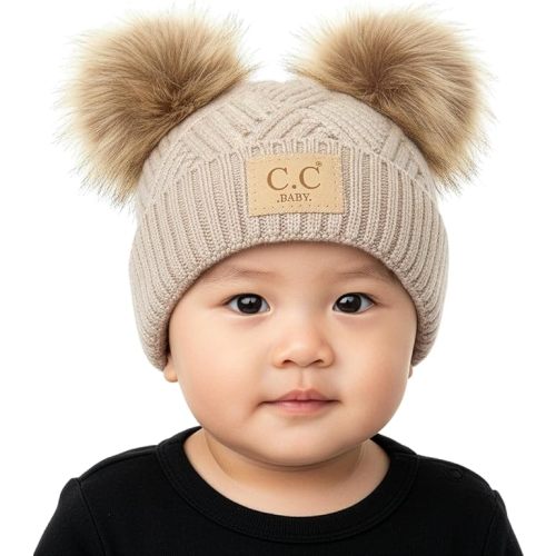 Funky Junque Double Pom Pom Baby Beanie – Newborn Girl Winter Hat 0–12 Months, Cute Cozy Knit Infant Beanies for Cold Weather