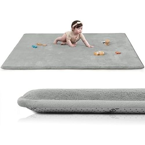 Baby Play Mat for Floor,1.3" Thick Elasti-Foam 50"×74" Playpen Mat for Tummy Time,Water Repellent Soft Coral Velvet for Toddler,Infant,Kids,Non-Slip Backing Safe for Crawling(Light Grey)