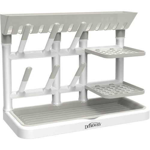 Dr. Brown's Baby Bottle Drying Tower, Stand-Up Countertop Drying Rack with Organized Storage for Baby Essentials, Space Saving Vertical Rack, Gray/White