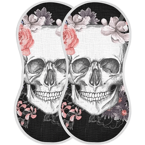Flower Halloween Sugar Skull Muslin Baby Burp Cloths, Large Absorbent Cotton Muslin Burp Cloths Set of 4, Washcloths, Face Towel, Bibs for Newborn Boys Girls, 11 x22 Inch