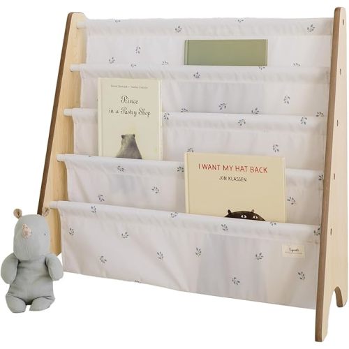 3 Sprouts Recycled Fabric Kids Bookshelf – 4-Tier Sling Book Rack Organizer - Nursery Room Playroom Classroom Wooden Book Shelves - Kid Bookcase Wood Storage Shelf for Toddler Age 3+ - Blueberry Ivory