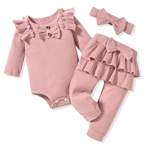 Aalizzwell Preemie Newborn Infant Baby Girls Clothes Ribbed Bodysuit Pants Set Fall Winter Outfits