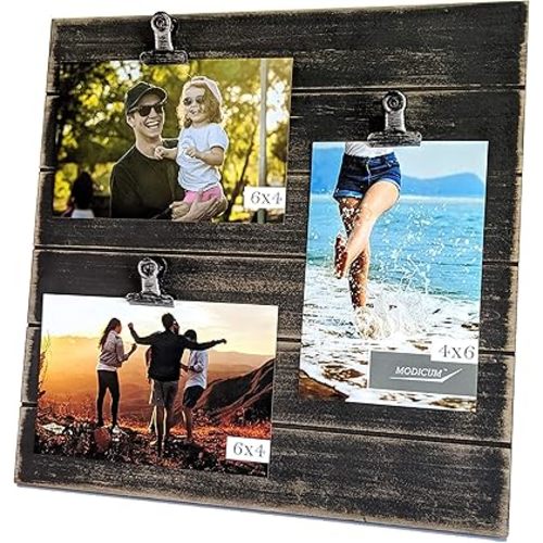 Modicum | Shiplap Photo Display Board - Picture Frame with Clips for 3 Photos (Three 4x6 or Two 4x6 with One 5x7), Easy Quick Change Photo Collage, Hang on Wall or Stand on Tabletop (Rustic Black)