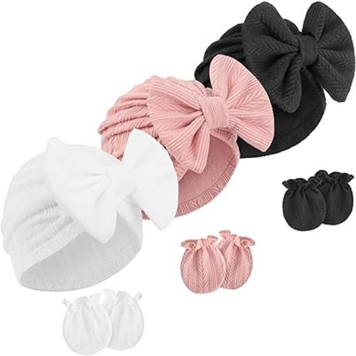 Newborn Baby Hats and Mittens Set Infant Bow Beanie Cap Toddler Gloves Newborn Hospital Hats for Baby Boy Girl 0-12 Months