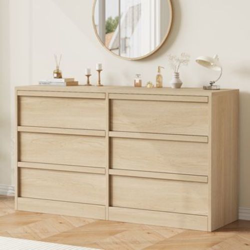 Garvee 6 Drawer Dresser for Bedroom, Natural Double Dresser Organizer with Concave Handles, Modern Chest of Drawers for Bedroom, Living Room, Nursery