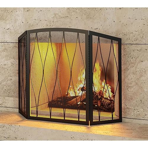 Kingson Childproof Fireplace Screen 3- Panel Modern Handcrafted Wrought Iron Foldable Metal Mesh, Heavy Duty Decorative Fireplace Spark Guard Cover for Living Room Home Decor Black Finish