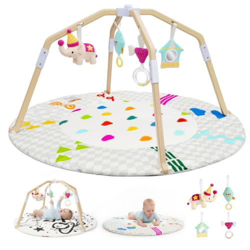Bella's Friends Circus-Themed Baby Play Gym, 2-Sided High-Contrast Tummy Time Mat with 4 Detachable Sensory Toys, Foldable Wooden Frame Playmat for Stage-Based Development, Baby Essentials Shower Gift