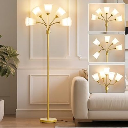 GyroVu Medusa Floor Lamp, Multi Head Modern Tall Lamp with Adjustable Gooseneck Standing Gold Lamps for Living Room Kids Room&Bedroom-5 White Lampshades-Bulb Not Included