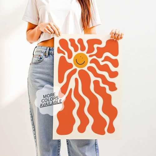 Here Comes the Sunshine Print – Boho Retro Happy Sun Wall Art, Groovy Nursery & Kids Room Decor, Mid Century Modern Poster