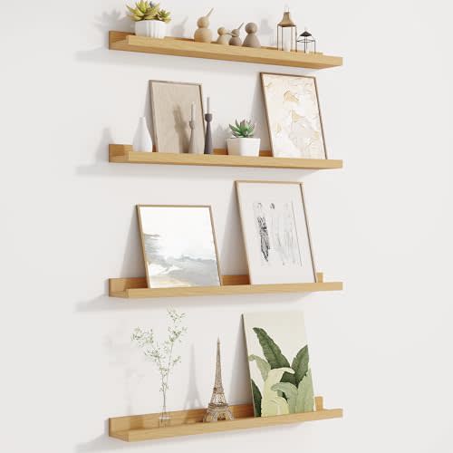 Fun Memories Picture Ledge Shelf for Wall, Floating Shelves Set of 4, 24 Inch Long Nursery Book Shelves for Toys Storage, Kids Bookshelf Wall Mounted for Books Photo Frames, Oak